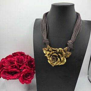 YuYu Gold Rose Statement Necklace Multi-Strand Cord Brown Pendant Jewelry